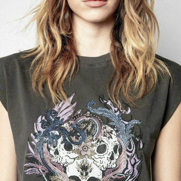 Zadig & Voltaire Weny Compo Skull Strass Tank Top Beaded Carbon S New - Picture 2 of 10